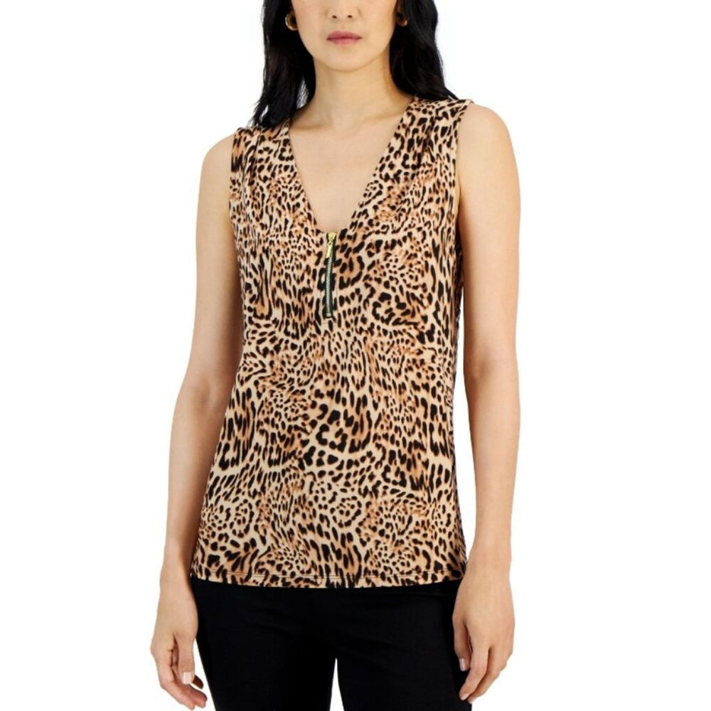 INC International Concepts Size Large Sleeveless Leopard Printed 1/4-Zip Top NWT